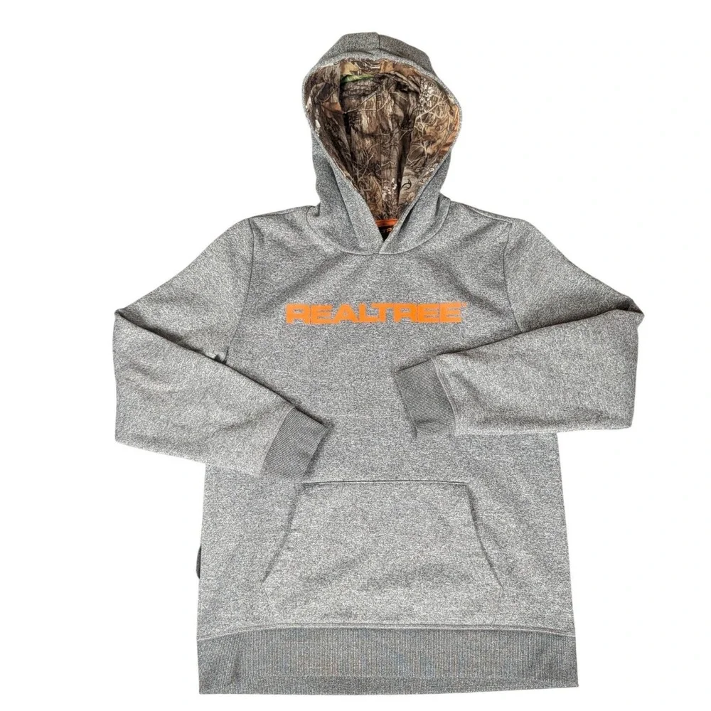 Realtree Boys Gray Heather Hoodie Camo Lined Hood‎ Orange Logo XL 18/20 3434